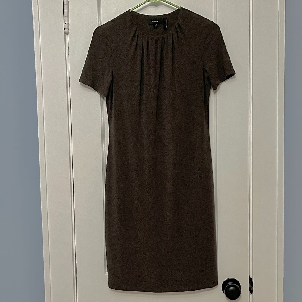 Theory ruched crew neck mini dress olive green size small pima cotton minimalist